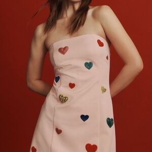 Heart Embellished Strapless Dress - Pink
